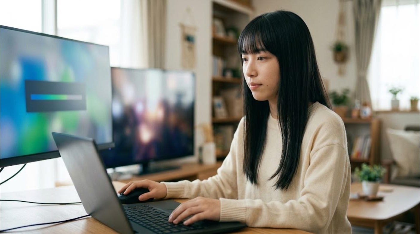 PCにDolphinをインストールする女性