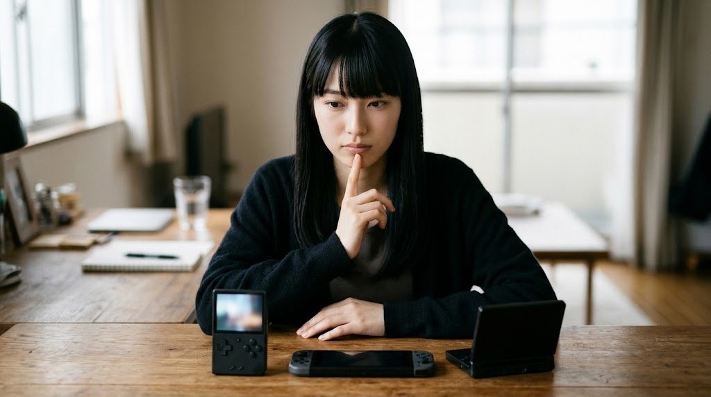 形の違う3台の携帯ゲーム機を机に並べて見比べる女性