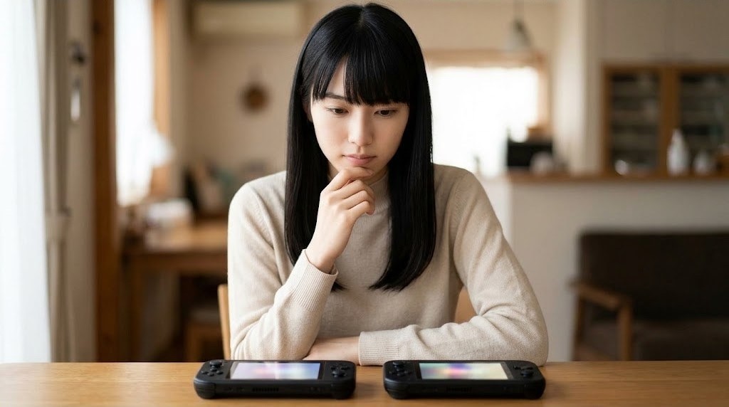 2台の携帯ゲーム機を並べてローカル通信の仕組みを確かめる女性