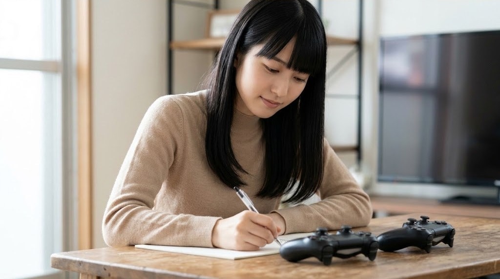 用途別にSwitch 2のコントローラーを選び分けるためメモを取る女性