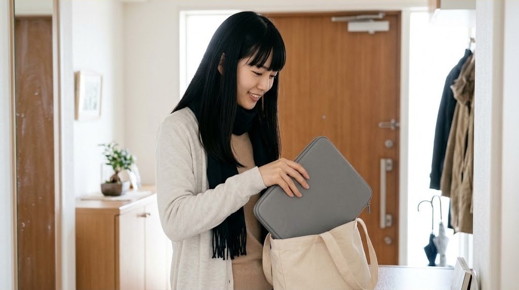 カバンにSwitch 2用のスリムケースを入れようとしている女性