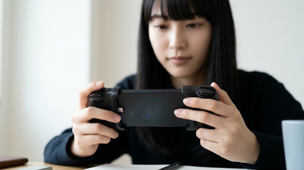 スマホをコントローラーに挟んでUSB-C端子に挿し込む手元