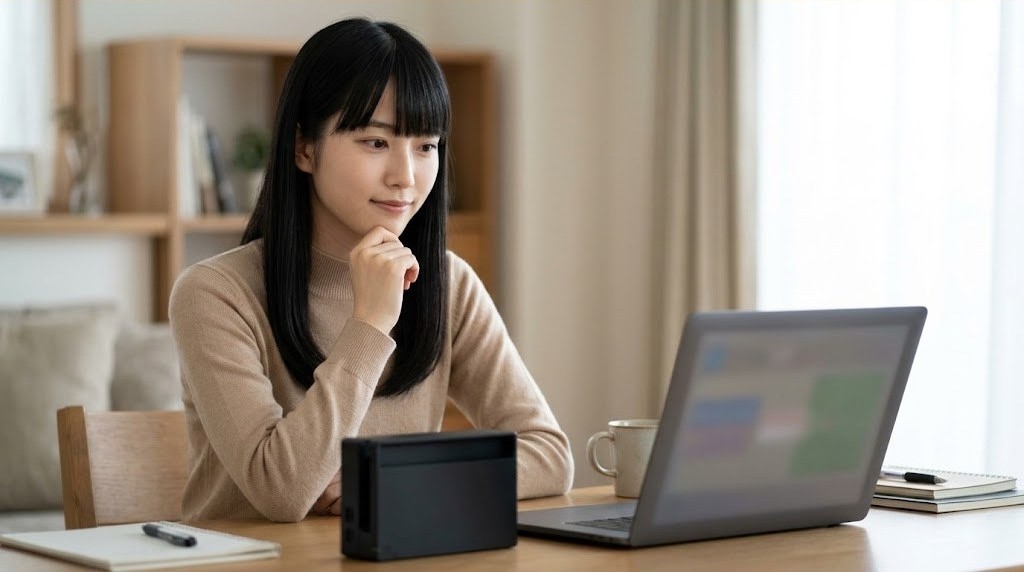 FPGA互換機とパソコンを見比べる女性