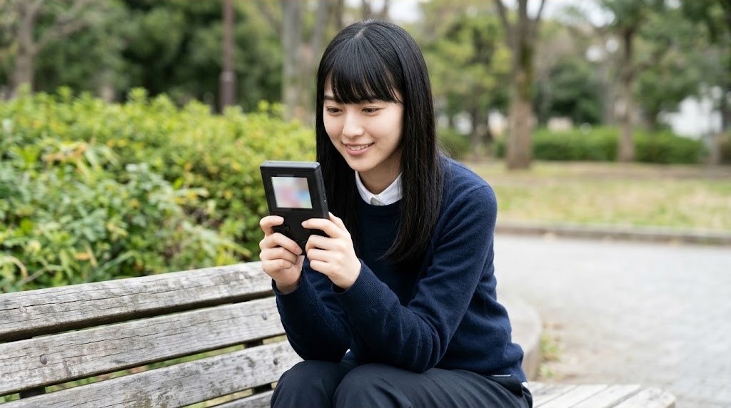 縦型の携帯ゲーム機を両手で持って遊ぶ女性