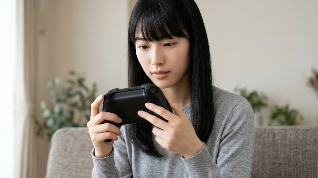 コントローラーの背面ボタンを指で確かめる女性