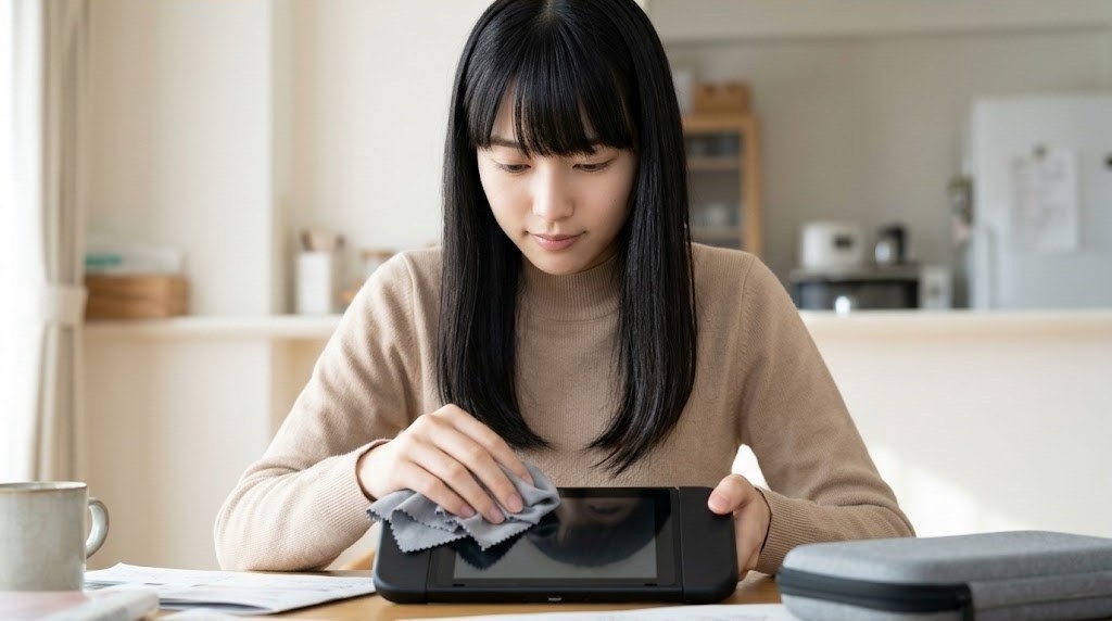Switch 2の画面を傷つけないよう柔らかいクロスで拭く女性の手元