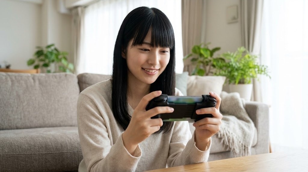 横持ちのスマホ用コントローラーでゲームを遊ぶ女性