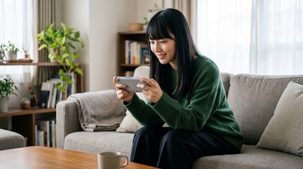携帯型のFPGA互換機を手に持って遊ぶ女性