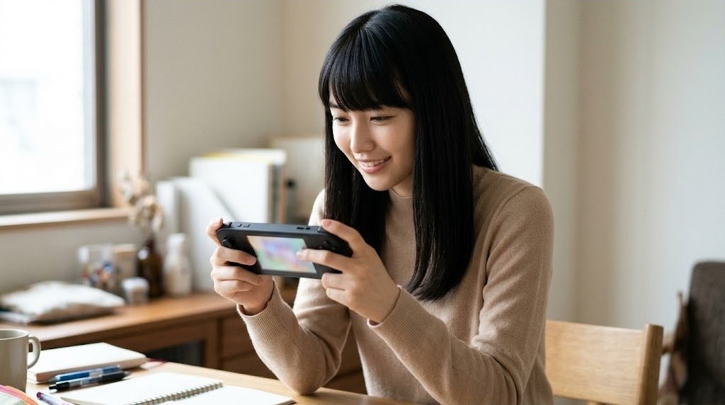 横持ちの携帯ゲーム機で遊ぶ女性