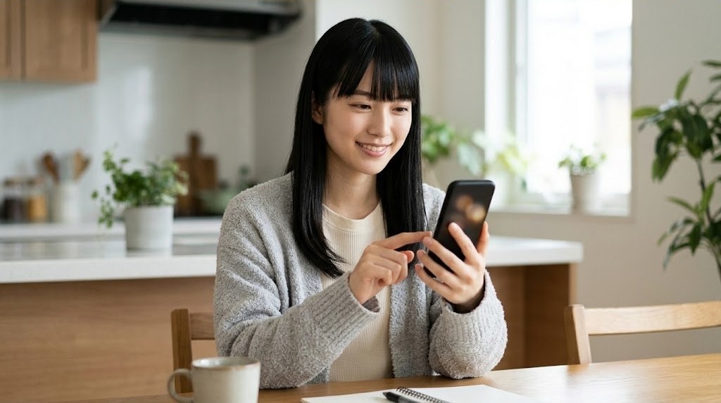 スマホでAzaharのルームを作るボタンを押す女性