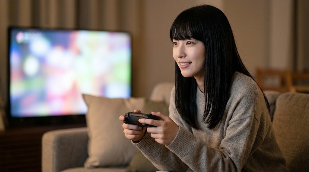 テレビの前でSwitch 2用のプロコントローラーを両手で握る女性