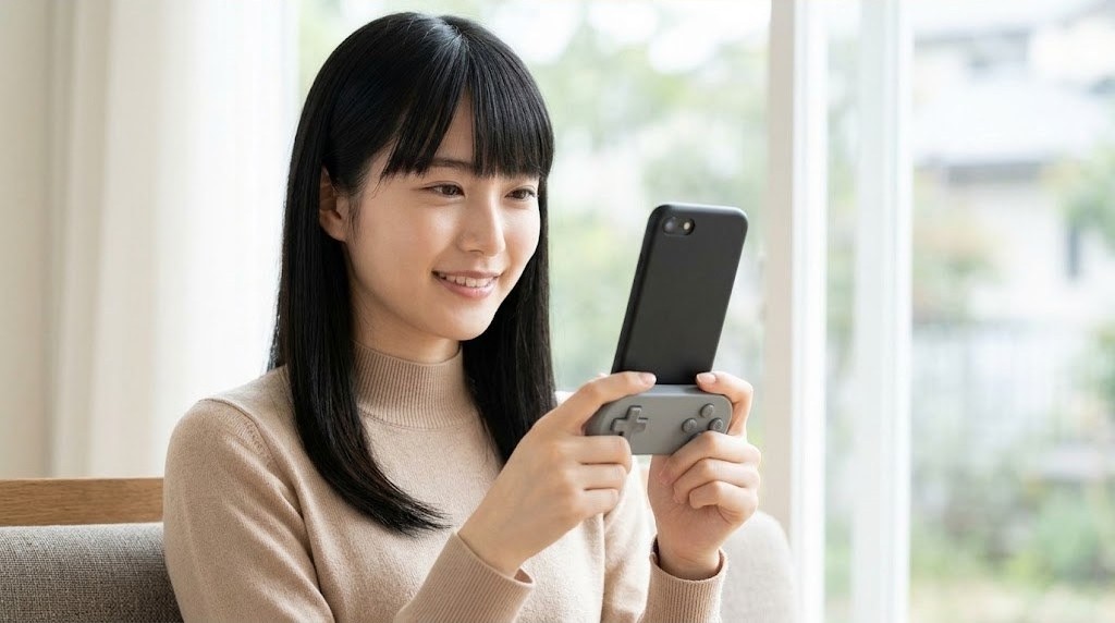 縦持ちのスマホに付けた小さなコントローラーで遊ぶ女性