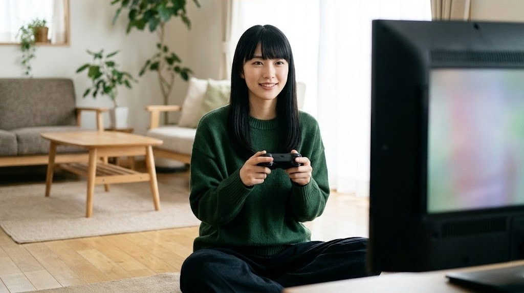 テレビの前でN64風のコントローラーを握る女性
