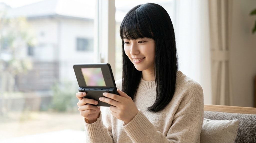 折りたたみ式の携帯ゲーム機を開いて遊ぶ女性
