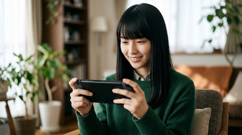 携帯ゲーム機でAzaharのルームにIPアドレスを入れて参加する女性