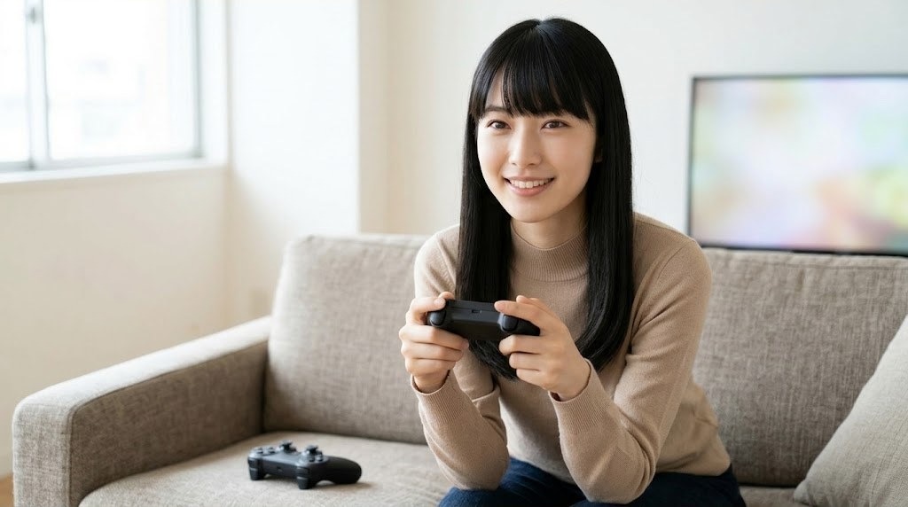 ソファでJoy-Con 2を1本ずつ持って二人プレイを始める女性