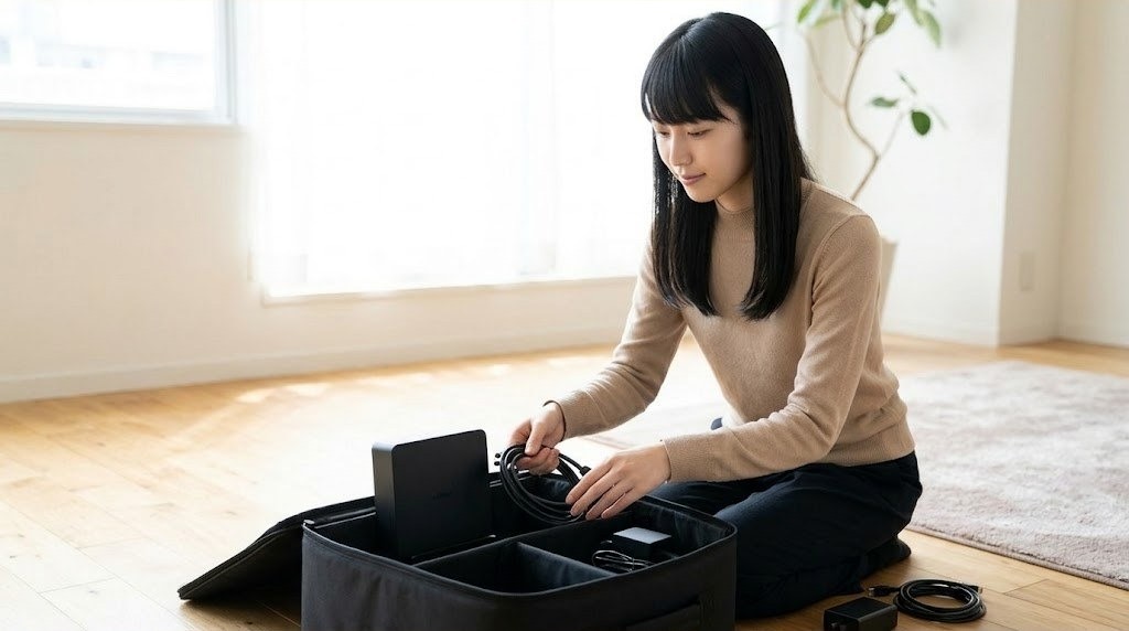 ゲーム機のドックやケーブルを大きめの収納バッグに詰める女性