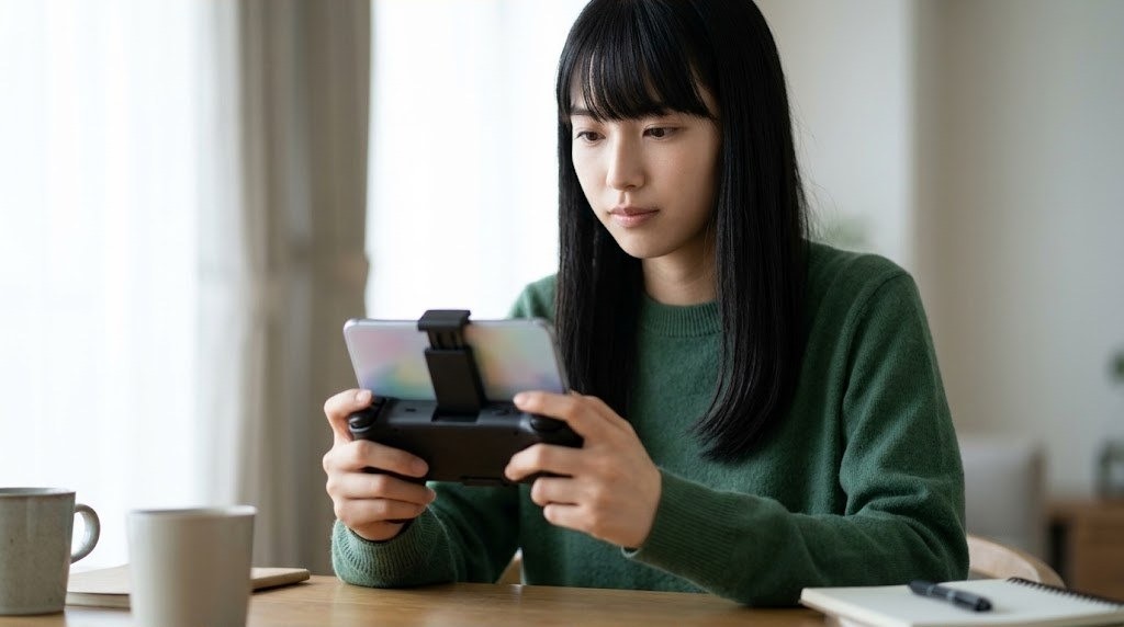 大きめのスティックが付いたスマホ用コントローラーを両手で握る女性