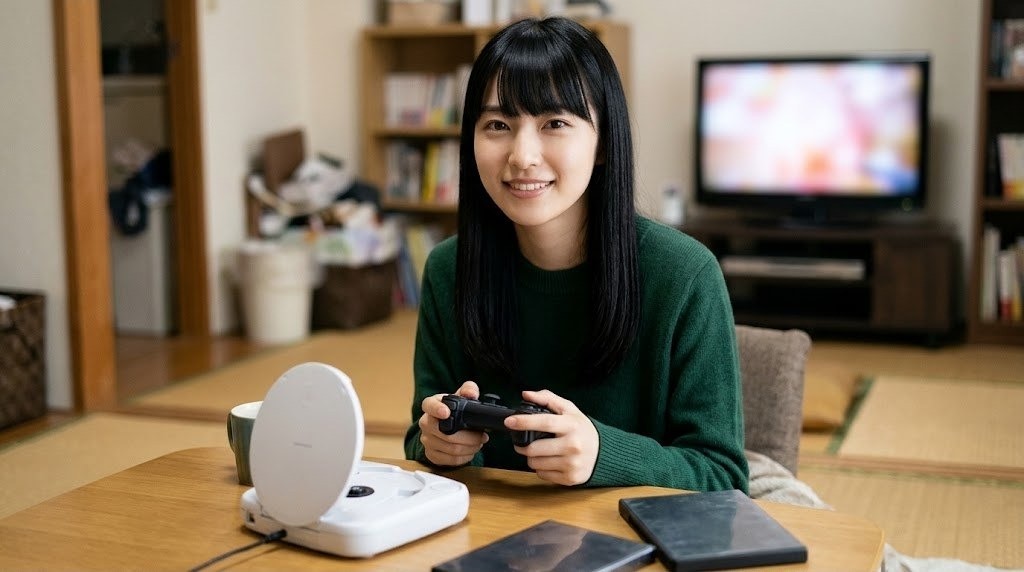 ディスク型のゲーム機の前でコントローラーを持つ女性