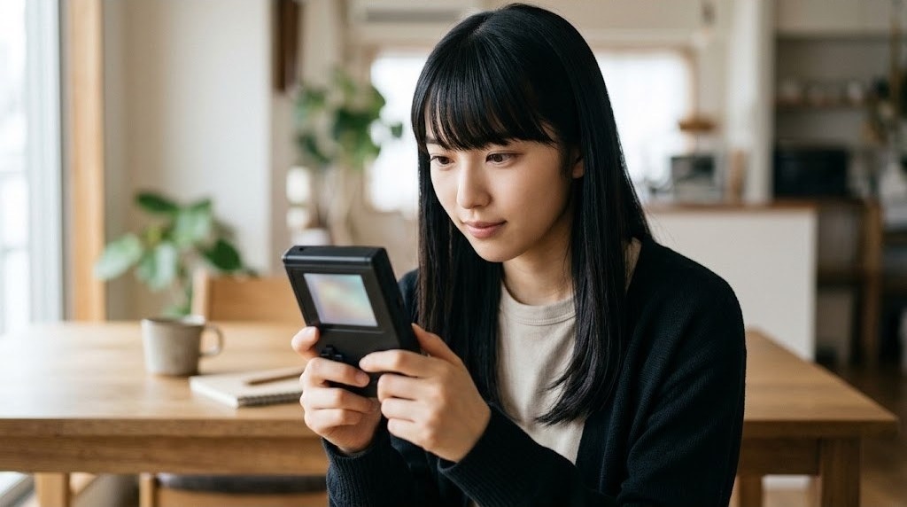 正方形の画面の携帯ゲーム機を見つめる女性