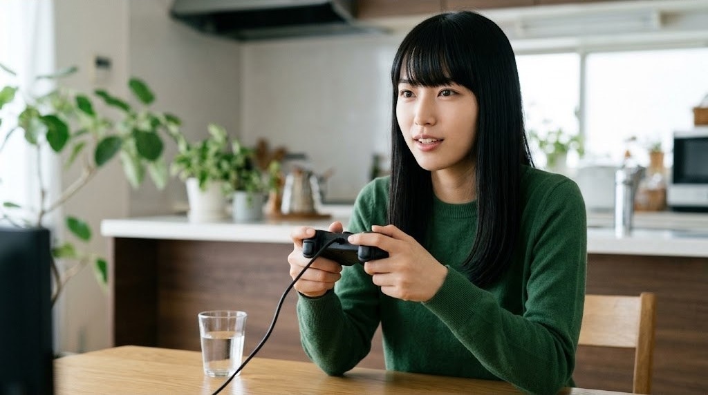 テーブルで有線のゲームパッドを握り連射ボタンを押す女性