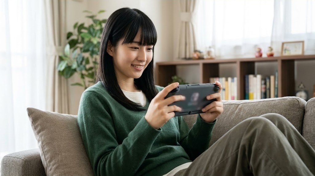 ソファでカバーを付けたSwitch 2を携帯モードで遊ぶ女性