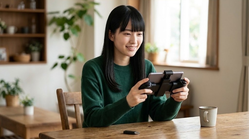 タブレットを挟んだワイヤレスコントローラーで遊ぶ女性