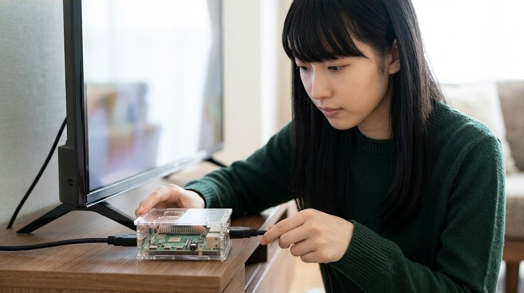 小さな基板の互換機をテレビにつないで設定する女性