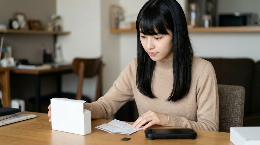 携帯ゲーム機の箱と説明書を確認する女性