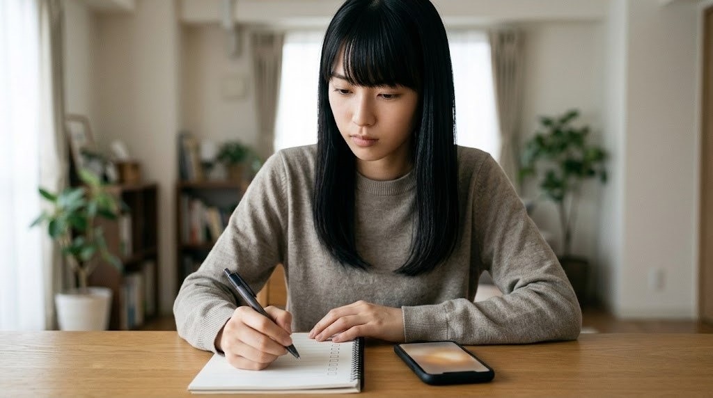 つながらない原因をメモに書き出して順番に確かめる女性