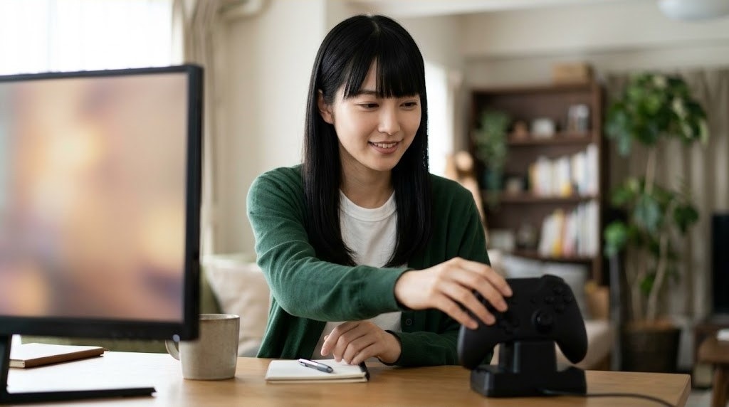 充電ドックに置いたコントローラーを手に取る女性