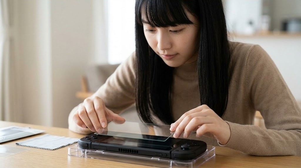 ガイド枠を使ってゲーム機の画面に保護フィルムを貼る女性の手元
