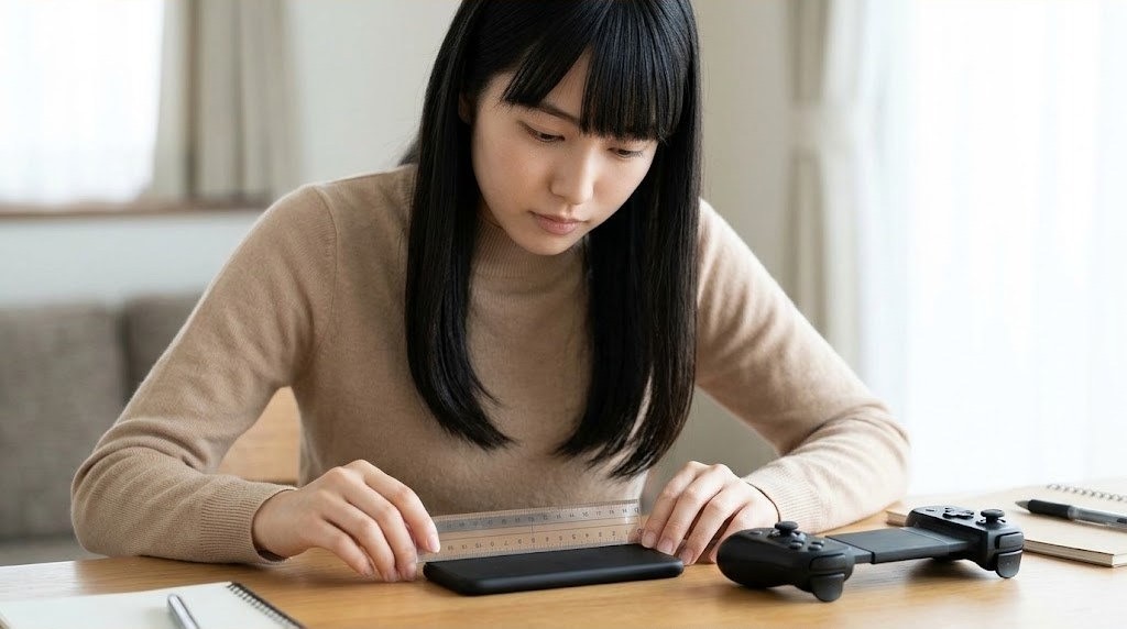 スマホの長さを定規で測ってコントローラーの対応サイズを確かめる女性