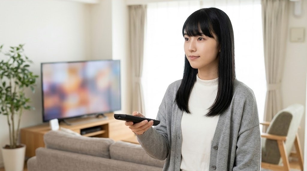 大きなテレビの映りを確かめながらリモコンで設定する女性