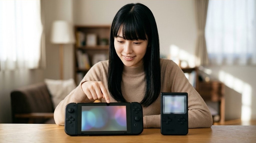 大きめの携帯ゲーム機と小型の携帯ゲーム機を見比べる女性