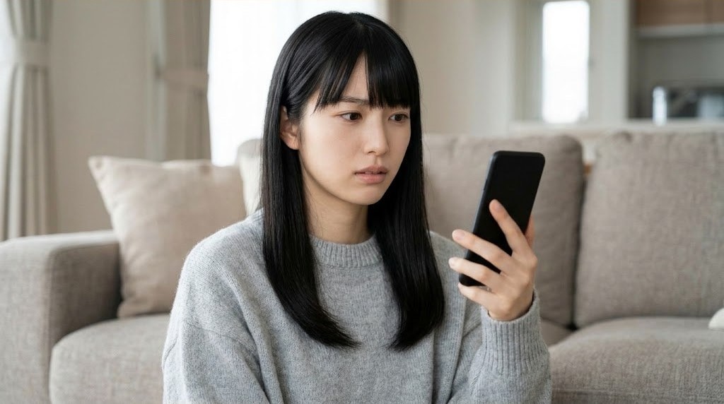 スマホの空のルーム一覧を見て首をかしげる女性