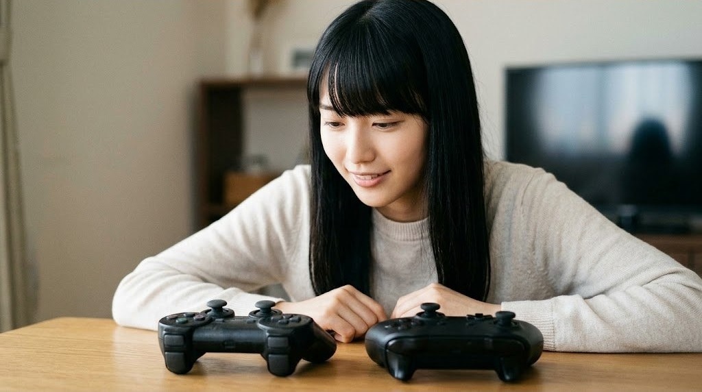 旧型と新型のコントローラーを並べて見比べる女性