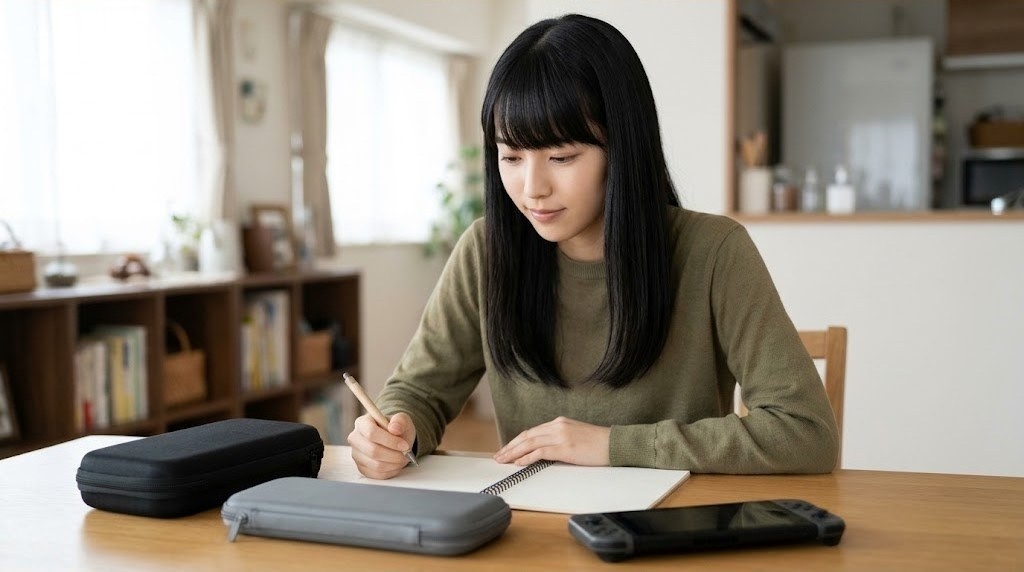 購入前にゲーム機と2種類のケースを見比べてメモを取る女性