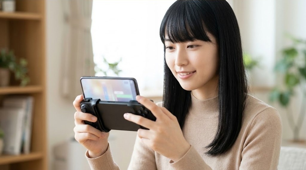 スマホの画面でエミュのボタン割り当てを設定する女性