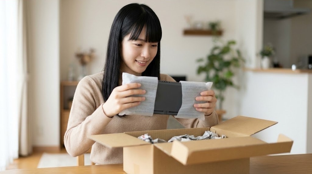届いた段ボール箱を開けて中身を確かめる女性