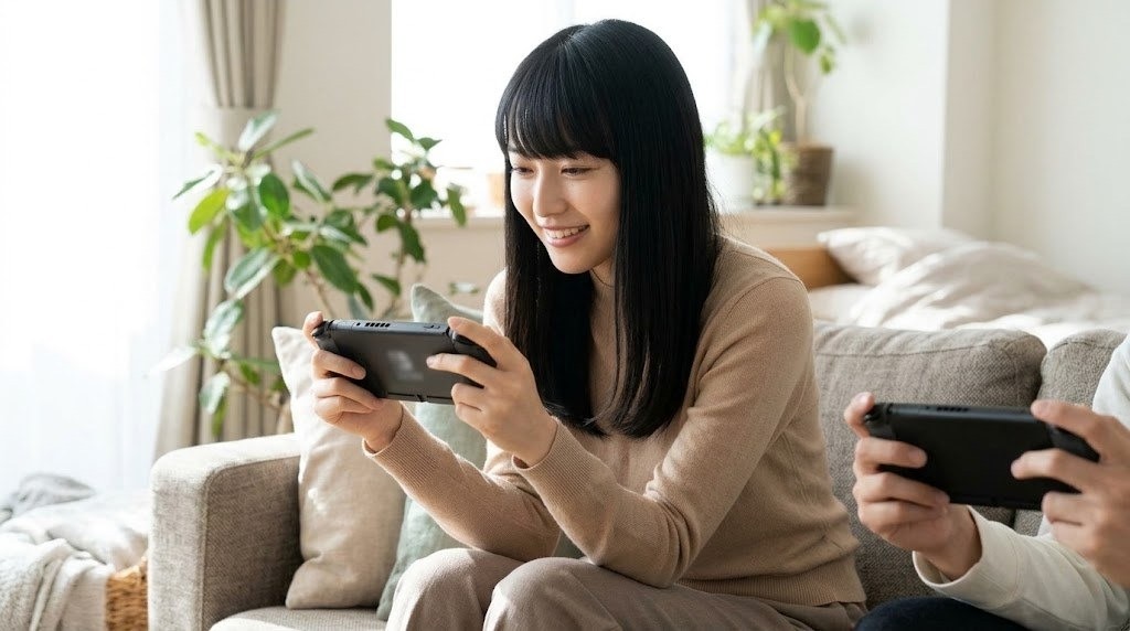 友達と並んで座りそれぞれの携帯ゲーム機で通信プレイを楽しむ女性