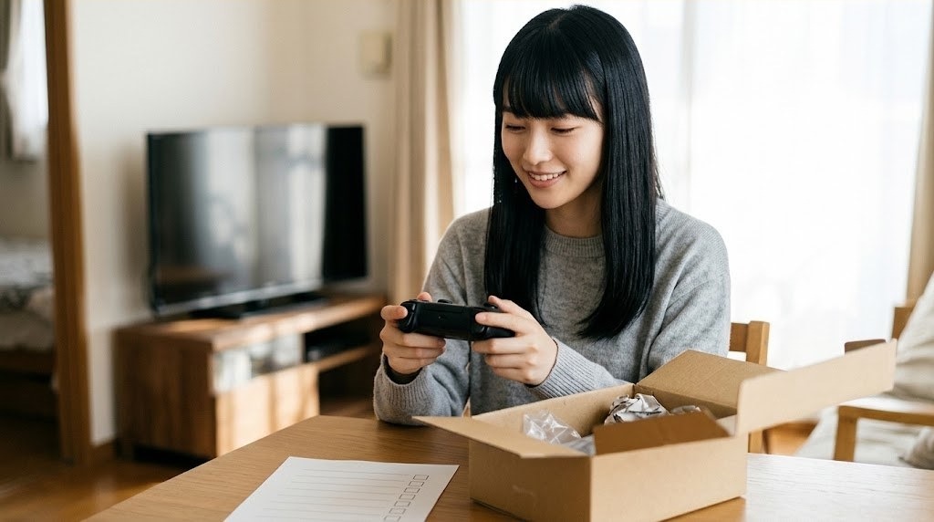 届いたコントローラーを箱から出してチェックリストを確かめる女性