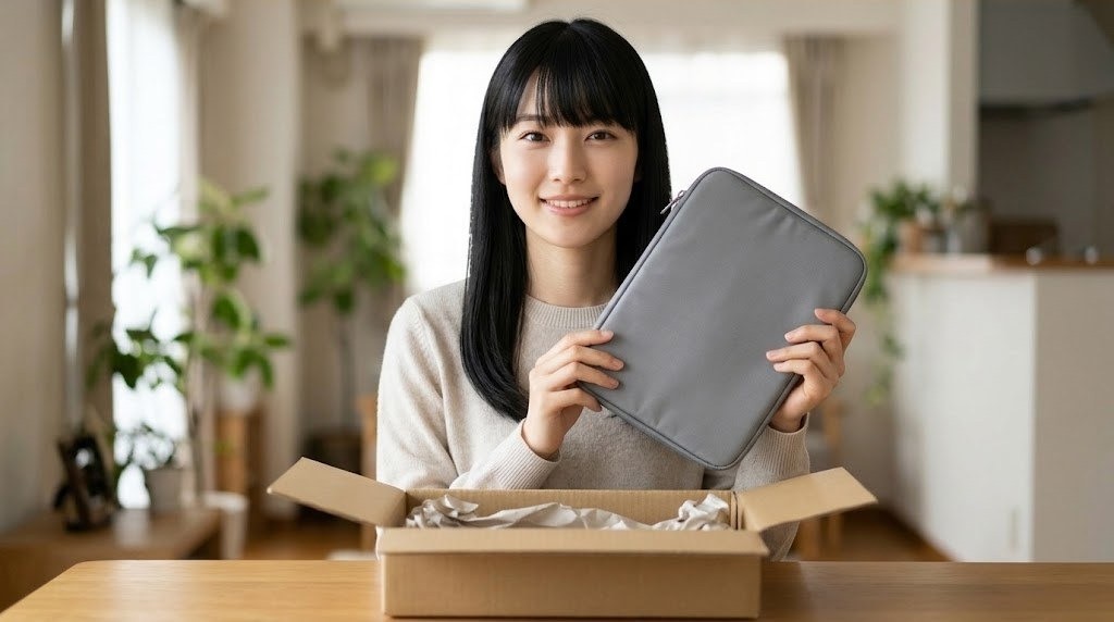 開けた段ボール箱から新しいゲーム機用ケースを取り出して満足そうな女性