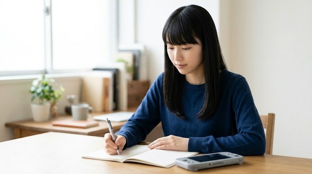 ノートにメモを取りながら疑問を整理する女性