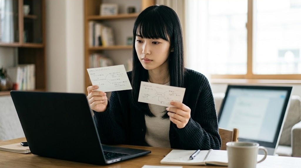 機種ごとに違うチートコードの形式をノートで確認する女性