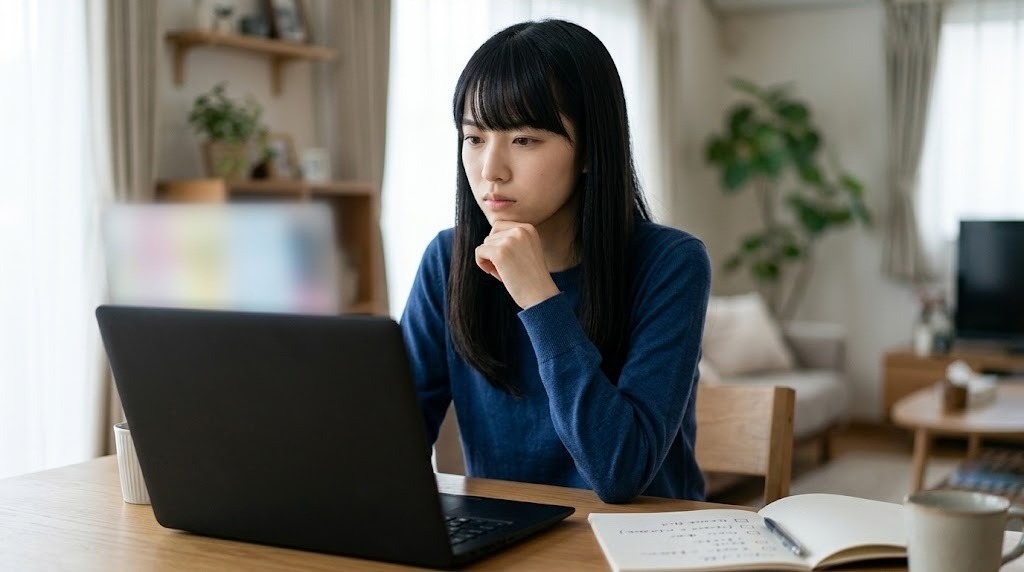 チートが効かない原因をPCの前で1つずつ確かめる女性