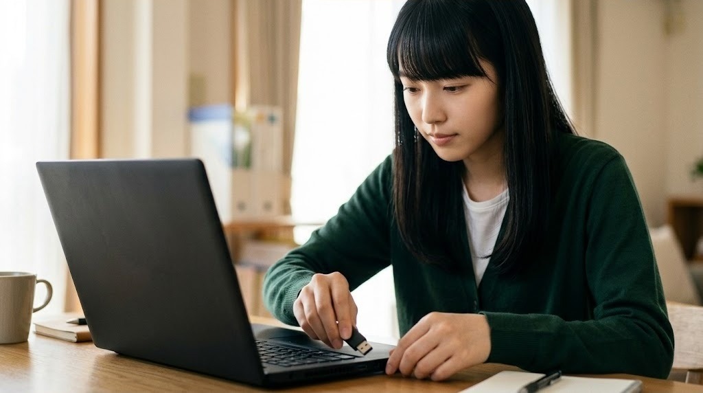 チートを試す前にセーブデータのフォルダをコピーする女性