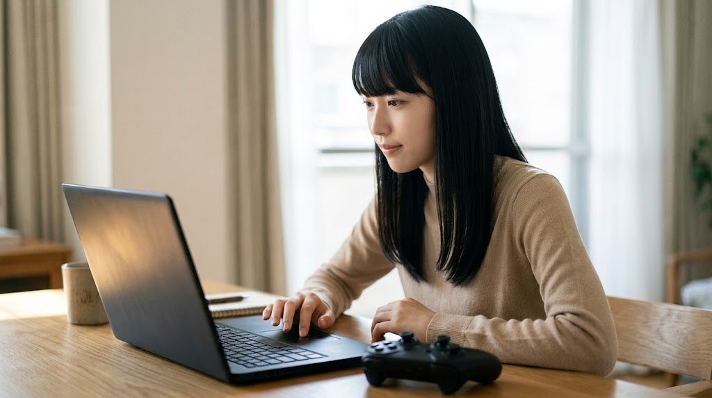 ノートパソコンでRMGの設定画面を確認する様子