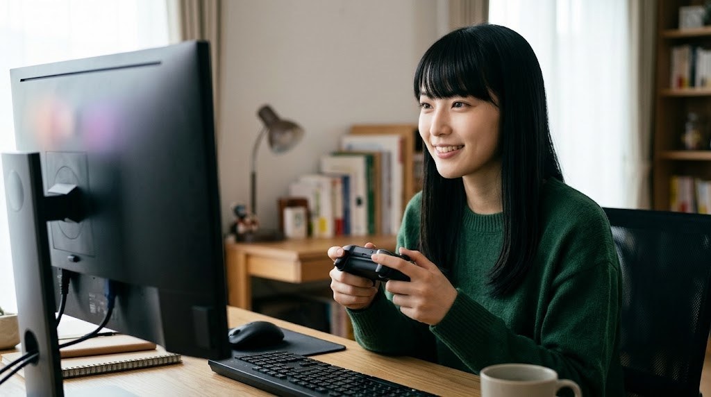 デスクのパソコンでProject64を使い始める準備をする様子