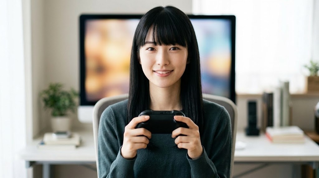 N64のエミュレーターをどれにするか決めてコントローラーを持つ様子
